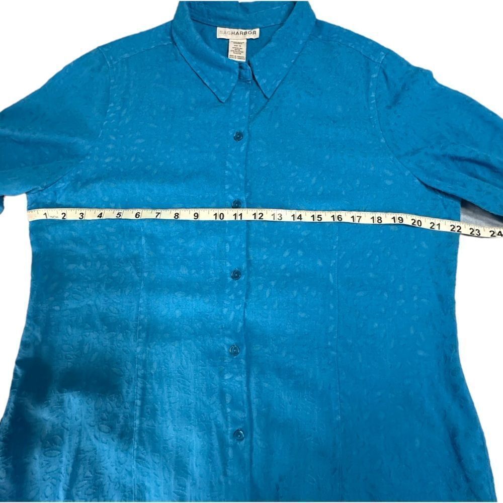 Vintage Sag Harbor Turquoise burn out leaf design 3/4 sleeve button down size 16 - Picture 8 of 10